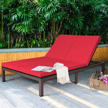 COSTWAY 2-Person Patio Rattan Lounge Chair Chaise Recliner Adjustable Cushion