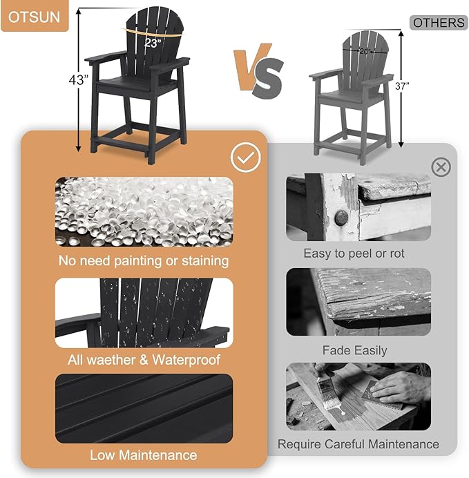 OTSUN Tall Adirondack Chairs Set of 2, HDPE Bar Height Outdoor Chairs, Adirondack Bar Stools for Patio Balcony & Porch - Photo 4