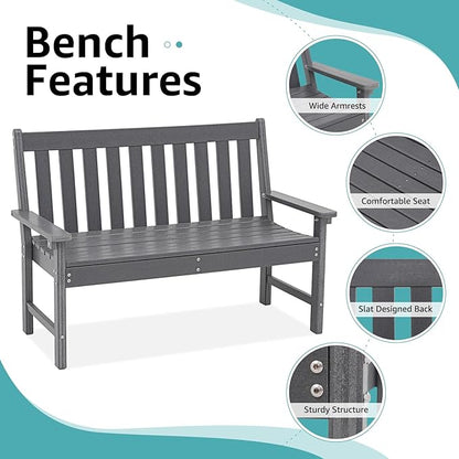 COBANA Outdoor Garden Bench, All Weather HDPE Patio Porch Bench with Faux Wood Grain Pattern, 2-Person Seat for Lawn, Park, Backyard, Entryway, Dark Gray