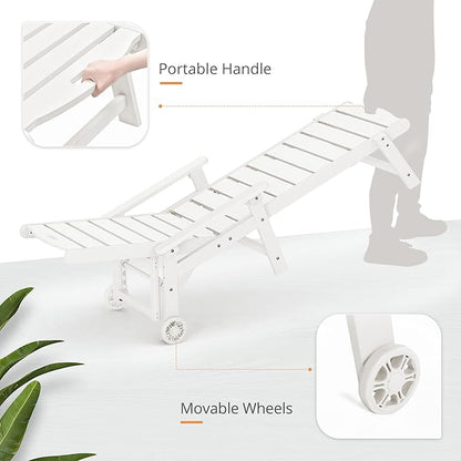 LUE BONA Outdoor Chaise Lounge Chairs Set of 2, HDPS Chaise Lounger, 5 Positions Adjustable Lounge Chairs, Pool Lounge Chair with Wheels for Poolside, 3 Year Warranty, White