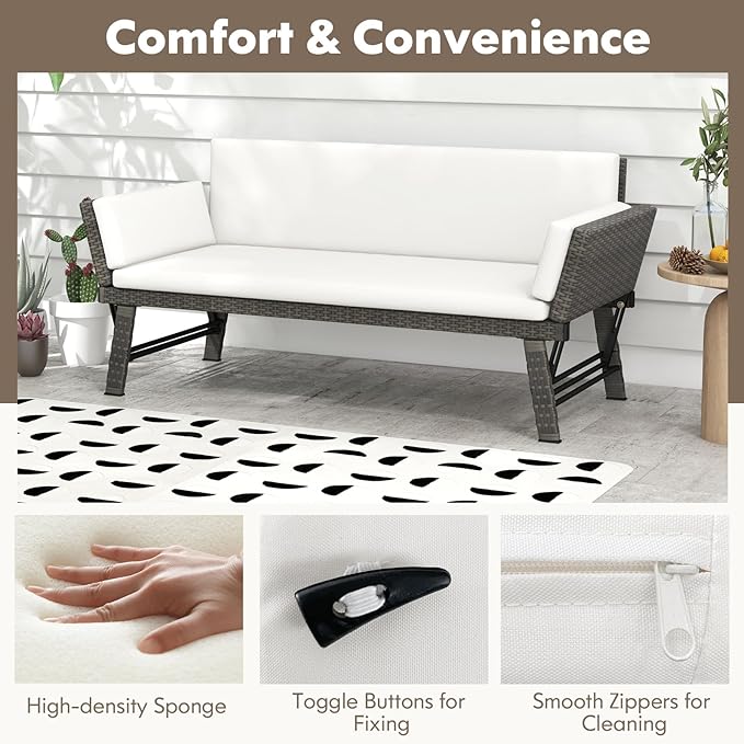 Tangkula Outdoor Convertible Sofa Daybed with Adjustable Armrests, PE Rattan Patio Couch Furniture with Removable Cushions, Patio Chaise Lounge Loveseat for Porch, Balcony, Backyard, Poolside