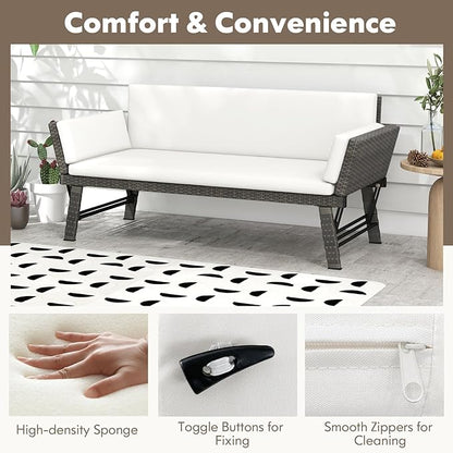 Tangkula Outdoor Convertible Sofa Daybed with Adjustable Armrests, PE Rattan Patio Couch Furniture with Removable Cushions, Patio Chaise Lounge Loveseat for Porch, Balcony, Backyard, Poolside