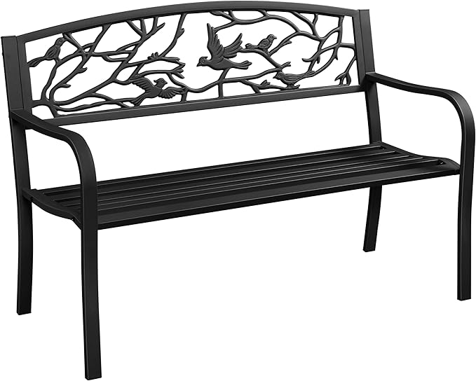 Yaheetech Outdoor Garden Bench Patio Furniture Chair Outdoor with Vintage Bird Pattern Backrest, Slatted Seat, Antique Metal Bench for Yard & Porch & Park, Black