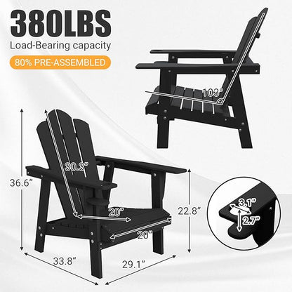 PROHIKER Adirondack Chair Set of 2, HDPE Outdoor Patio Chair with Cup Holder All Weather Outdoor Chairs for Lawn Garden Porch Backyard, Plastic, Black
