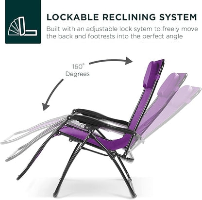 Best Choice Products Oversized Zero Gravity Chair, Folding Outdoor Patio Lounge Recliner w/Cup Holder Accessory Tray, Pillow - Amethyst Purple