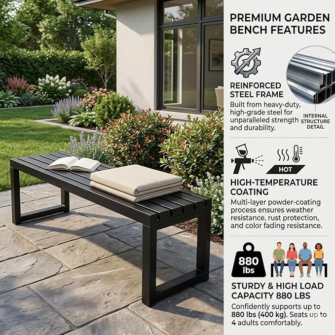 Weatherproof Outdoor Garden Bench, Heavy Duty Metal Bench, Galvanized Steel Backless Patio Benches, 3.3ft 3.9ft 4.9ft 5.9ft All Weather 2-Person Front Porch Seat for Yard Backyard(Yellow,3.93ft)