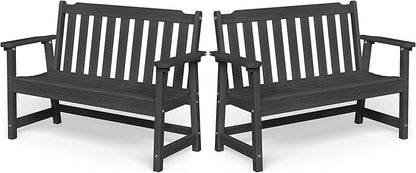 Ciokea 49" Heavy Duty Outdoor Bench Set of 2, HDPE Weatherproof Garden Bench, 2-Person Memorial Benches with 660 Lbs, Waterproof Patio Porch Benches for Outside Business Deck Office Backyard, Black