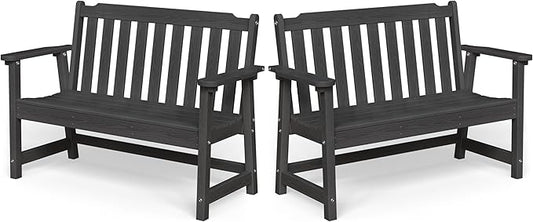 Ciokea 49" Heavy Duty Outdoor Bench Set of 2, HDPE Weatherproof Garden Bench, 2-Person Memorial Benches with 660 Lbs, Waterproof Patio Porch Benches for Outside Business Deck Office Backyard, Black