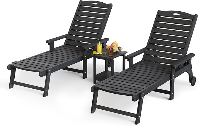 LUE BONA HDPS Chaise Lounge Chairs Set with Table, 3-Piece, Outdoor Pool Lounge Chair with Adjustable Backrest, Resin Patio Lounge Chairs with Wheels for Outside, Poolside, Black