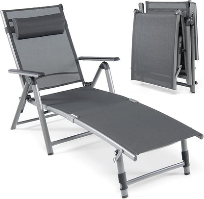 Giantex Outdoor Chaise Lounge Chair - Folding Lounge Chair w/ 8-Level Adjustable Backrests, Aluminum Frame, Cozy Headrest Pillow, Patio Recliner for Backyard Poolside Balcony (1, Gray)