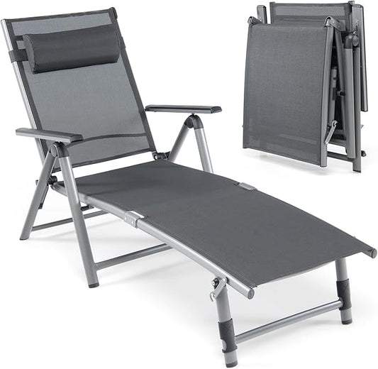 Giantex Outdoor Chaise Lounge Chair - Folding Lounge Chair w/ 8-Level Adjustable Backrests, Aluminum Frame, Cozy Headrest Pillow, Patio Recliner for Backyard Poolside Balcony (1, Gray)