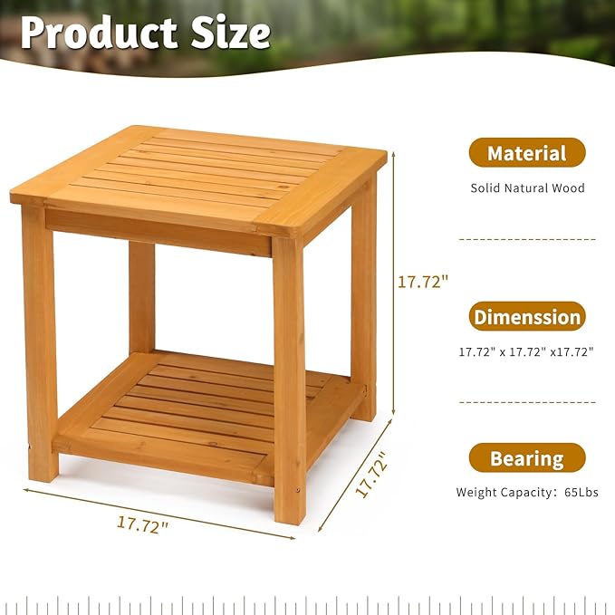 Outvita Patio Small Side Table, Acacia Wood 18 inch Double-Deck Coffee Table with Storage Tier for Living Room, Garden, Balcony, Porch, Deck (Teak Color)