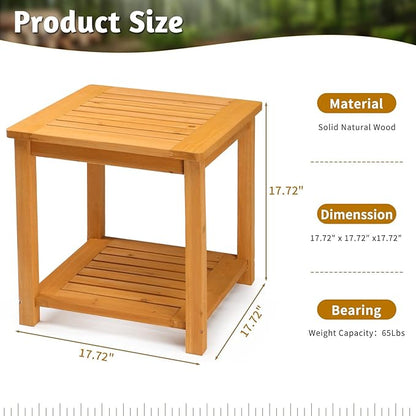 Outvita Patio Small Side Table, Acacia Wood 18 inch Double-Deck Coffee Table with Storage Tier for Living Room, Garden, Balcony, Porch, Deck (Teak Color)