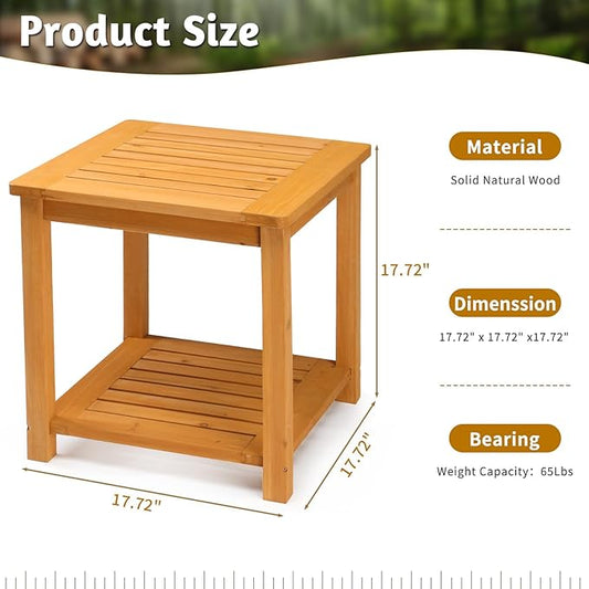 Outvita Patio Small Side Table, Acacia Wood 18 inch Double-Deck Coffee Table with Storage Tier for Living Room, Garden, Balcony, Porch, Deck (Teak Color)