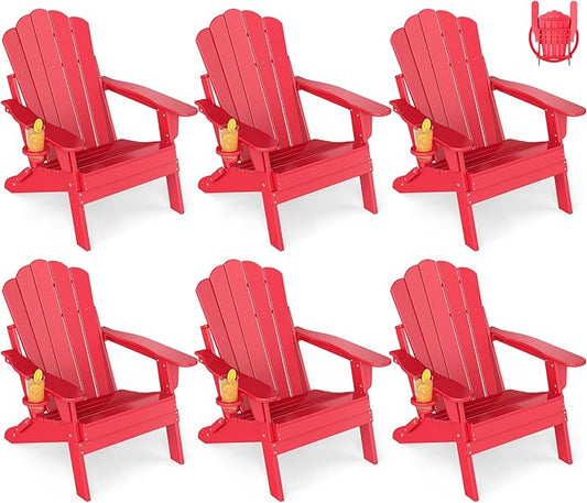 GREENVINES Oversized-Folding-Adirondack-Chairs-Set-of-6 | HDPE Plastic | Cup Holder | Fire Pit Chair | All Weather | for Outdoor Deck Backyard | Red