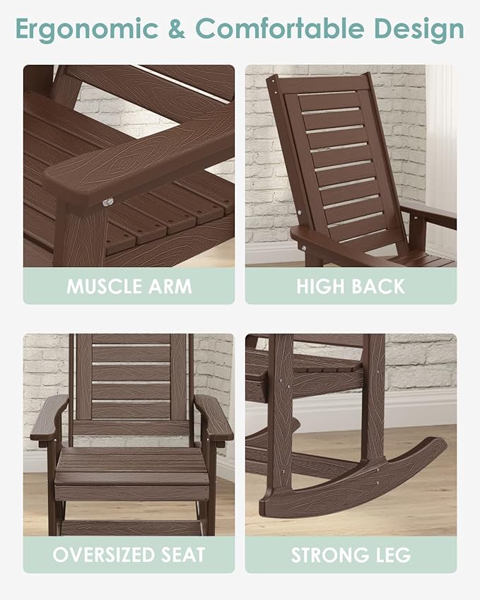 IVY&LANE Rocking-Chair-Outdoor | Porch-Rocker | Dark Brown Wood Grain | HDPE Plastic | All-Weather | High Back | Wide Seat | Oversized Patio Rocker for Adult | for Outside Deck Balcony Garden