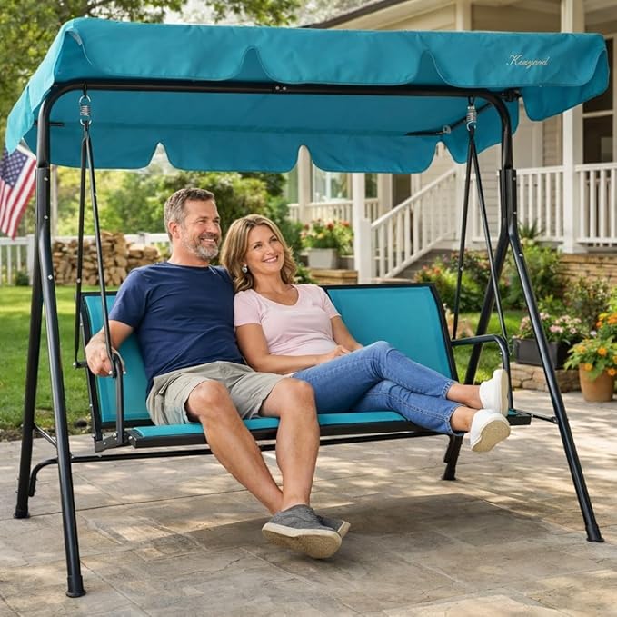 Kozyard 3-Person Outdoor Canopy Porch Swing Chair, Breathable Textilene Armrest Seat, Adjustable Shade - Photo 2