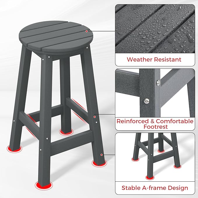 Costaelm 24" Height Outdoor Bar Stools, All-Weather Bar Stools, Adirondack Poly Patio Round Bar Stool for Patio, Deck, Kitchen Counter and Garden, Gray