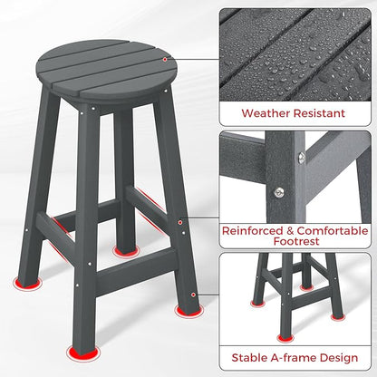 Costaelm 24" Height Outdoor Bar Stools, All-Weather Bar Stools, Adirondack Poly Patio Round Bar Stool for Patio, Deck, Kitchen Counter and Garden, Gray
