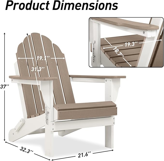 Aoodor HDPE Outdoor All-Weather Folding Adirondack Chair for Patio, Garden, Backyard, Lawn, Fire Pit, Brown