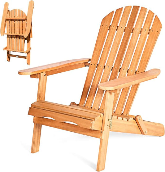 HAPPYGRILL Eucalyptus Wood Adirondack Chair Outdoor Folding Lounger Chair for Porch Deck Patio Poolside and Backyard