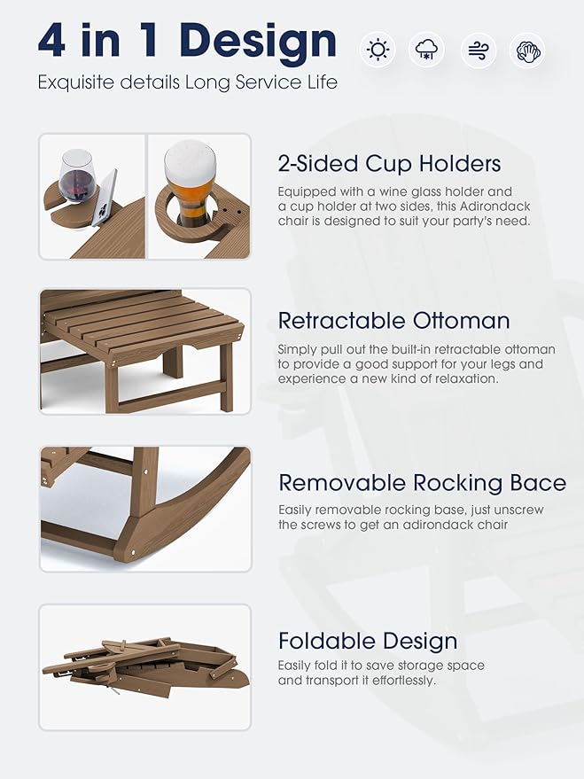 KINGYES Adirondack Rocking Chair with Retractable Ottoman and Cup Holders - Photo 3