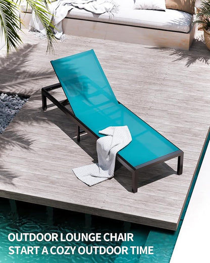 Aluminum Lounge Chairs Outdoor Chaise Furniture,2 Sets Patio Metal Deck Lounger Adjustable 5-Position Poolside Chase Recliner with Wheels for Beach,Coffee Table, (Blue, 1 Chair)