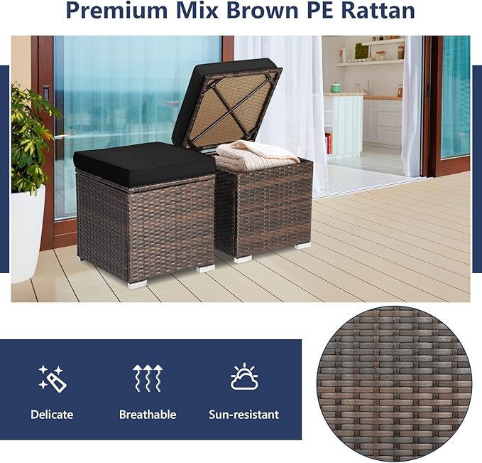Tangkula 2 Pieces Patio Ottomans, Patiojoy Hand-Woven PE Rattan Side Table with Removable Cushion & Hidden Storage Space - Photo 7