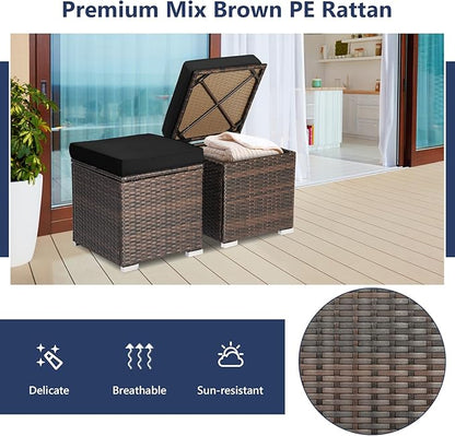 Tangkula 2 Pieces Patio Ottomans, Patiojoy Hand-Woven PE Rattan Side Table with Removable Cushion & Hidden Storage Space, Multifunctional Storage Box, Seat for Patio, Backyard, Poolside (Black)