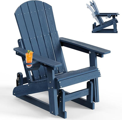 3-Position Adjustable Adirondack Chair with Cup Holder, HDPE All-Weather Outdoor Glider Chair, Wood-Grain Fire Pit Chairs for Pool, Yard, Deck (Blue)