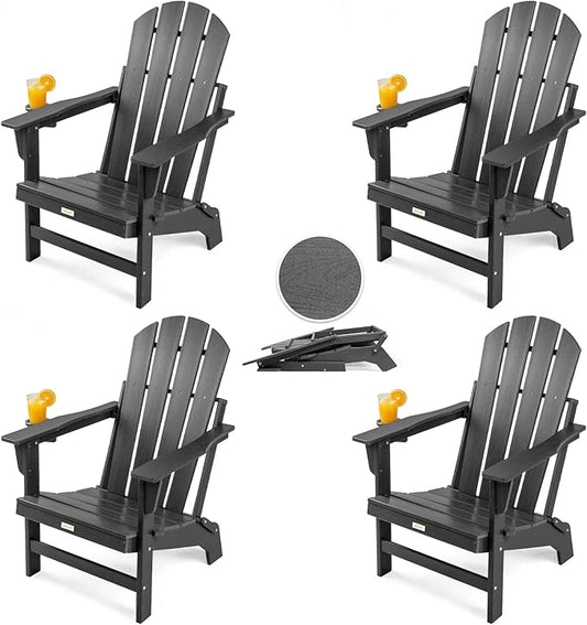Folding Adirondack Chairs Set of 4, All Weather Stable Gun-Leg Design Fire Pit Chairs with Cupholder for Outside