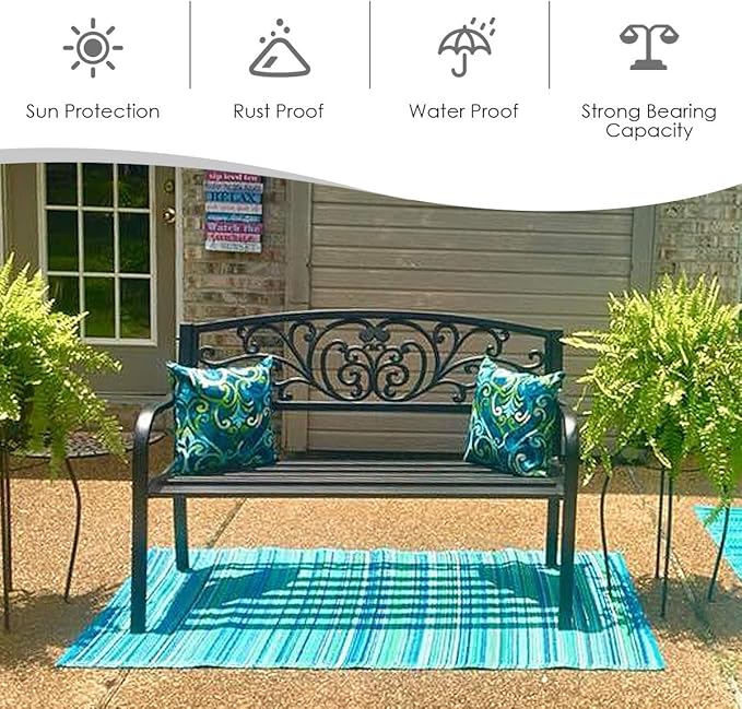 Giantex 50" Patio Garden Bench, Loveseats Park Yard Furniture, Black Steel Cast Iron Frame Chair - Photo 5