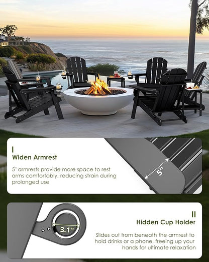 GREENVINES Folding-Adirondack-Chairs-Set-of-2 | HDPE Plastic | Fire Pit Chair | All Weather | Cup Holder | Black | for Deck Backyard Patio Outdoor Garden