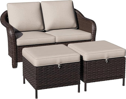 3 Piece Patio Wicker Conversation Set, All-Weather Use Outdoor Wicker Loveseat with 2 PE Rattan Ottomans, Ideal for Porch, Backyard, Balcony, Poolside, Beige