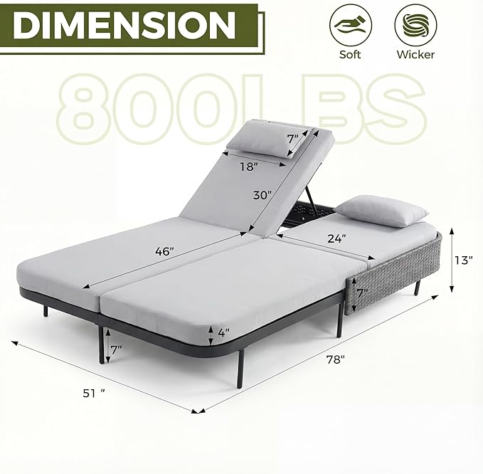 RADIATA 51.2" Outdoor Loveseat Sofa Bed, PE Wicker Patio Daybed with 2-Person Double Chaise Lounge - Photo 2