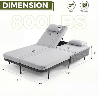 RADIATA 51.2" Outdoor Loveseat Sofa Bed, PE Wicker Patio Daybed with 2-Person Double Chaise Lounge, Independent 5-Position Adjustable Backrest, All-Weather Poolside Furniture