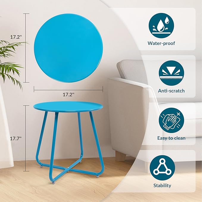 Elevon Weather Resistant Outdoor 17.5” Round End Accent Table for Bistro Balcony, Sky Blue