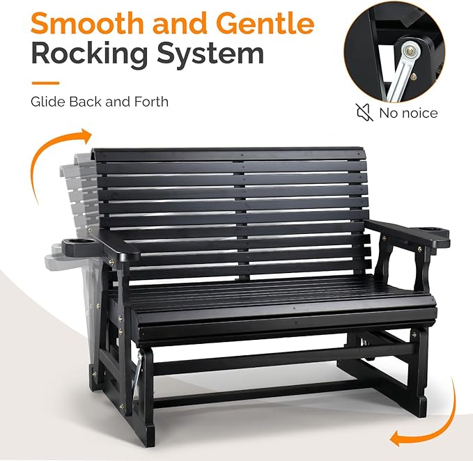 VINGLI Wooden Patio Glider, Heavy Duty 800 LBS Outdoor Glider with Cup Holders, 4 FT Wooden Glider Bench with High Backrest for Garden, Yard, Patio, Black