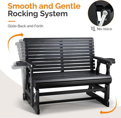 VINGLI Wooden Patio Glider, Heavy Duty 800 LBS Outdoor Glider with Cup Holders, 4 FT Wooden Glider Bench with High Backrest for Garden, Yard, Patio, Black