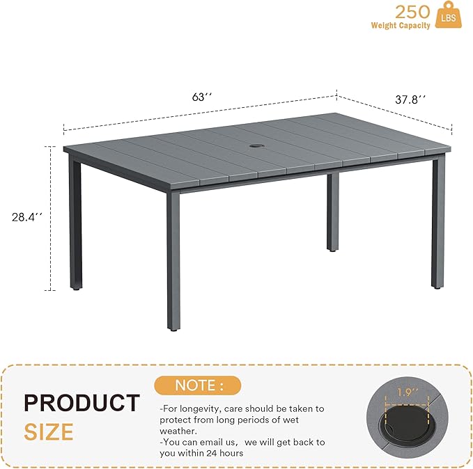 VICLLAX 63" Rectangle Outdoor Dining Table for 6, Patio Table with Umbrella Hole, All Weather Metal Patio Tables, Grey Tabletop