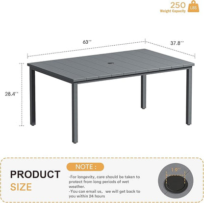 VICLLAX 63" Rectangle Outdoor Dining Table for 6, Patio Table with Umbrella Hole, All Weather Metal Patio Tables, Grey Tabletop