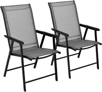 Giantex Set of 2 Patio Folding Chairs, Outdoor Chairs with Armrest, Portable Dining Chairs for Porch Camping Pool Beach Deck Lawn Garden, 2-Pack Patio Sling Chairs, Metal Frame, Grey