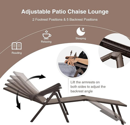 Giantex Patio Lounge Chair Foldable Chaise Lounger, Outdoor Sunbathing Chair W/ 5-Position Backrest, 2-Position Footrest, Steel Frame, Portable Recliner for Yard, Lawn Tanning Pool Chairs (2, Brown)