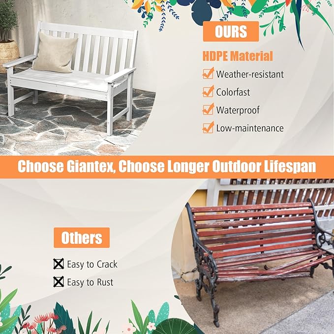 Giantex Outdoor Bench, 52-Inch Outside Bench All-Weather HDPE Park Bench with Backrest and Armrests, 705 lbs Weight Capacity, 2-Person Slatted Patio Bench for Porch, Yard, Lawn, Garden Bench (White)