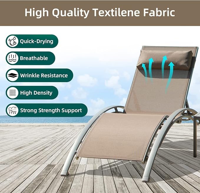 Domi Pool Lounge Chair Set of 3, Outdoor Chaise Lounge with Side Table, Adjustable Garden Aluminum Reclining Chair for Pool Beach Sunbathing Chair (Khaki)