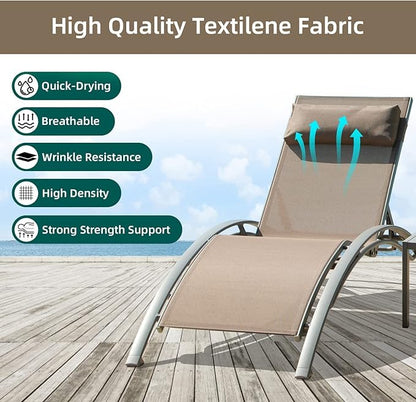 Domi Pool Lounge Chair Set of 3, Outdoor Chaise Lounge with Side Table, Adjustable Garden Aluminum Reclining Chair for Pool Beach Sunbathing Chair (Khaki)