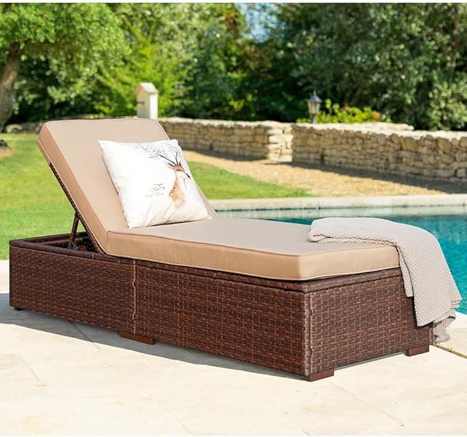 Patiorama Outdoor Patio Chaise Lounge Chair, Elegant Reclining Adjustable Pool Rattan Chaise Lounge Chair with Beige Cushion, Brown PE Wicker, Steel Frame