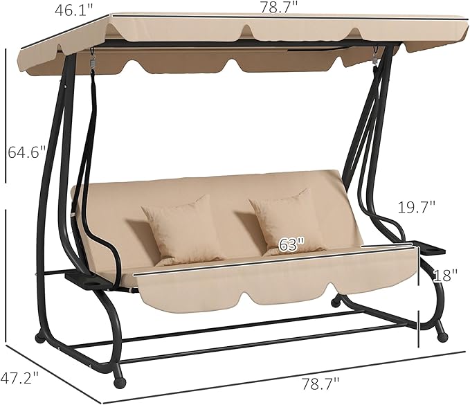 Outsunny 3-Seat Outdoor Patio Swing Chair, Converting Flatbed, Outdoor Swing Glider with Adjustable Canopy, Removable Cushion and Pillows, for Porch, Garden, Poolside, Backyard, Ecru