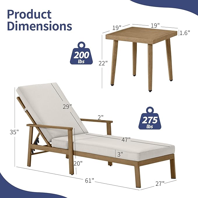 Outdoor Chaise Lounge, Aluminum Chaise Lounge Outdoor with Cushion, 6-Position Adjustable Pool Chaise Lounge Chairs, Outdoor Pool Recliners Chair for Beach, Yard, Poolside