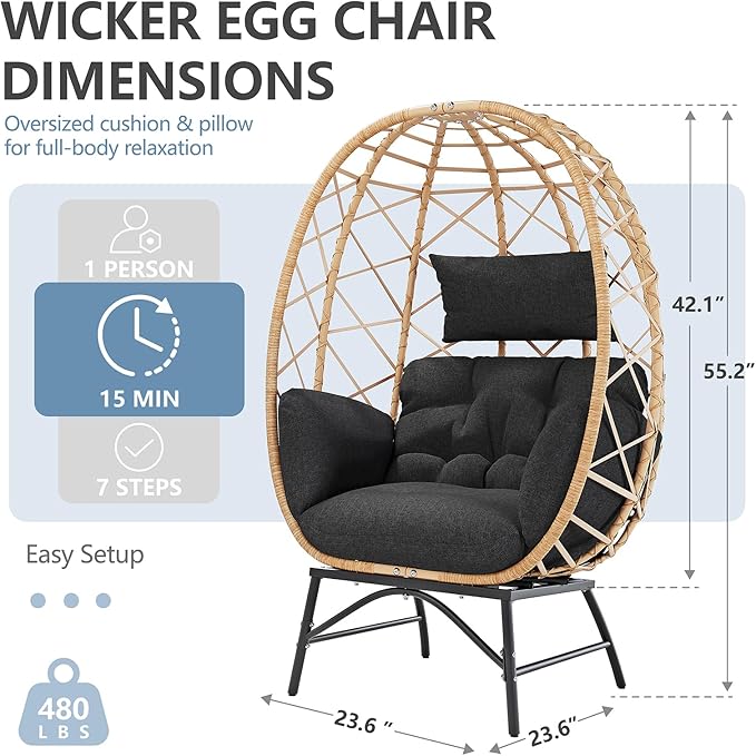 SWITTE Wicker Egg Chair Outdoor, Oversized Patio Lounge Chairs with Cushion for Indoor Living Room, Bedroom, Outside Backyard Balcony-Black